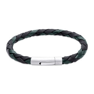 Black/Green Leather Bracelet with Steel Clasp